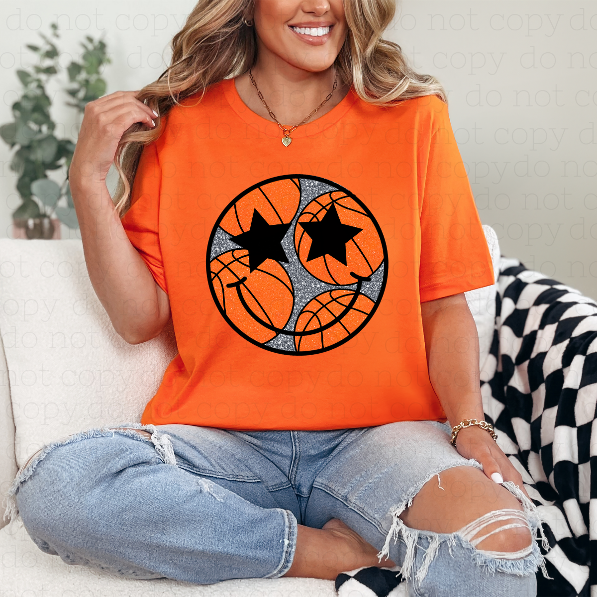 BASKETBALL SMILEY FACE STAR EYES - FAUX GLITTER - DTF TRANSFER - Hectic Momma Printing