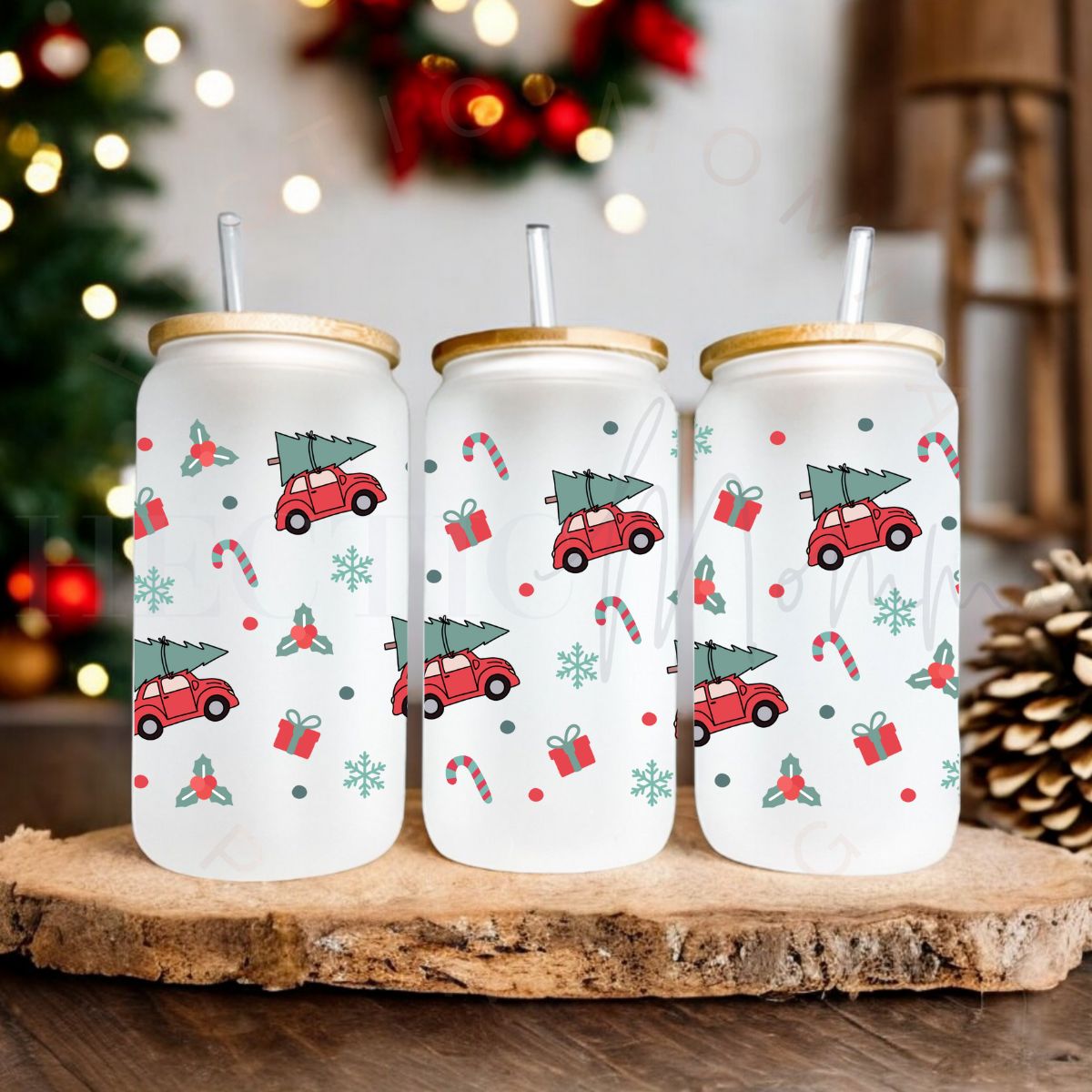 RED CAR WITH CHRISTMAS TREE - UV DTF