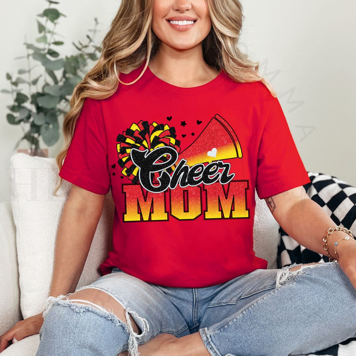 CHEER MOM *FAUX GLITTER - YELLOW/RED* - DTF TRANSFER