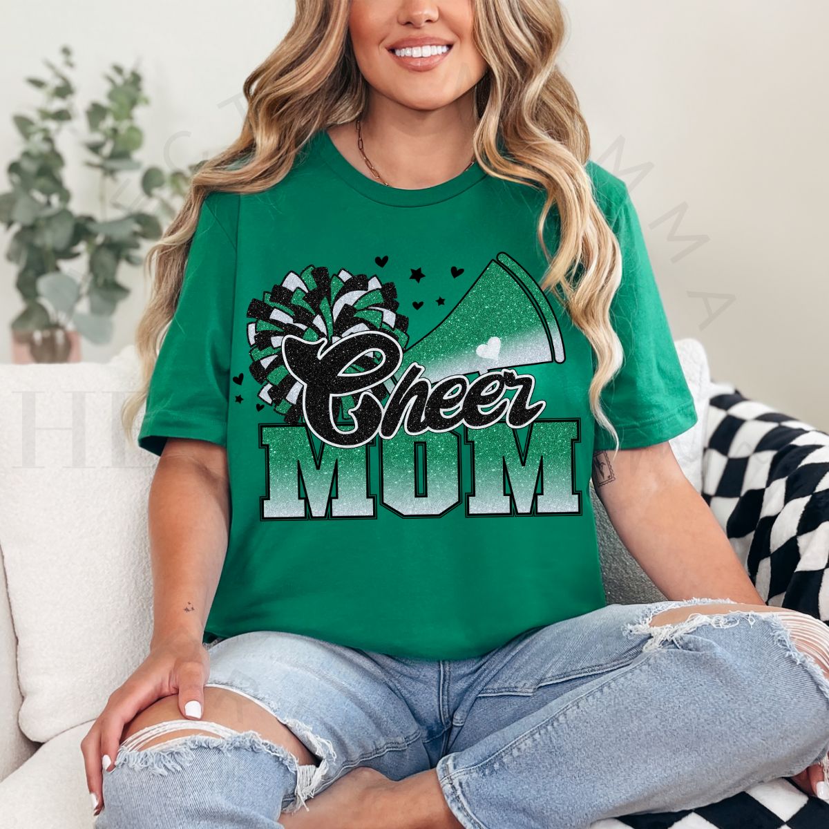 CHEER MOM *FAUX GLITTER - GREEN/WHITE* - DTF TRANSFER