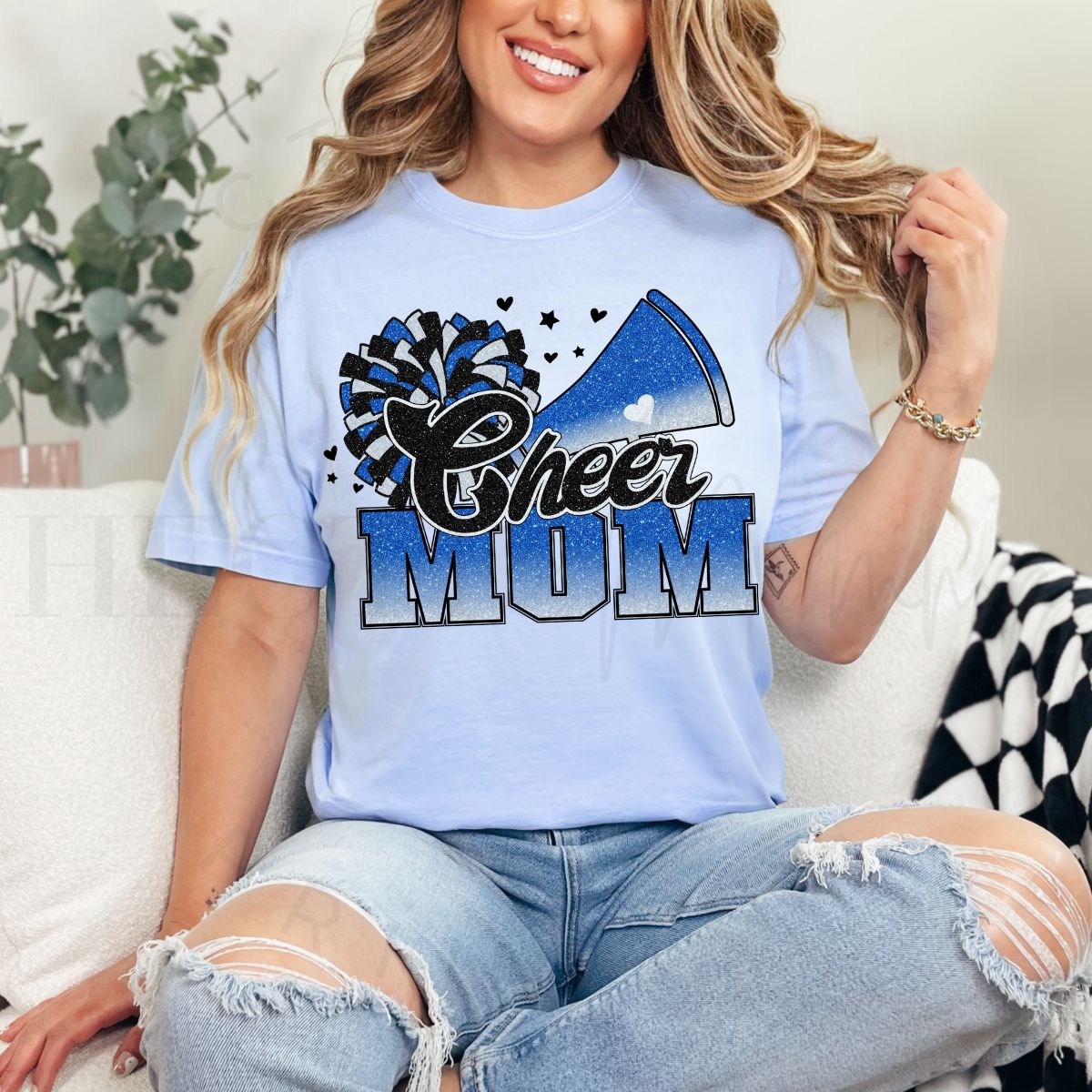 CHEER MOM *FAUX GLITTER - WHITE/BLUE* - DTF TRANSFER