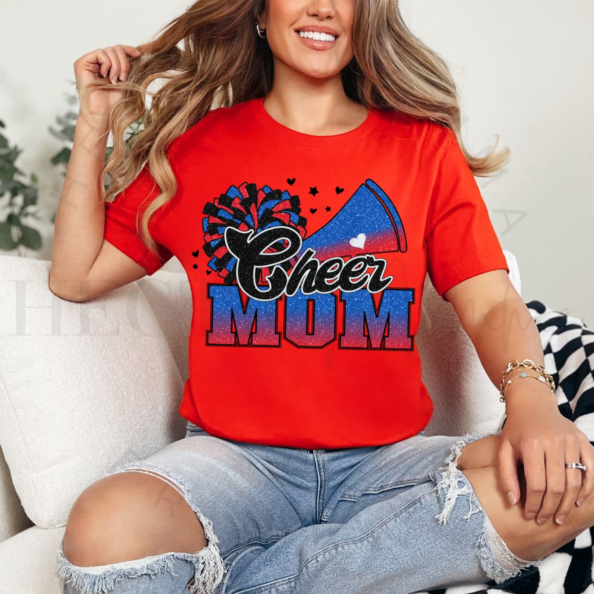 CHEER MOM *FAUX GLITTER - RED/BLUE* - DTF TRANSFER