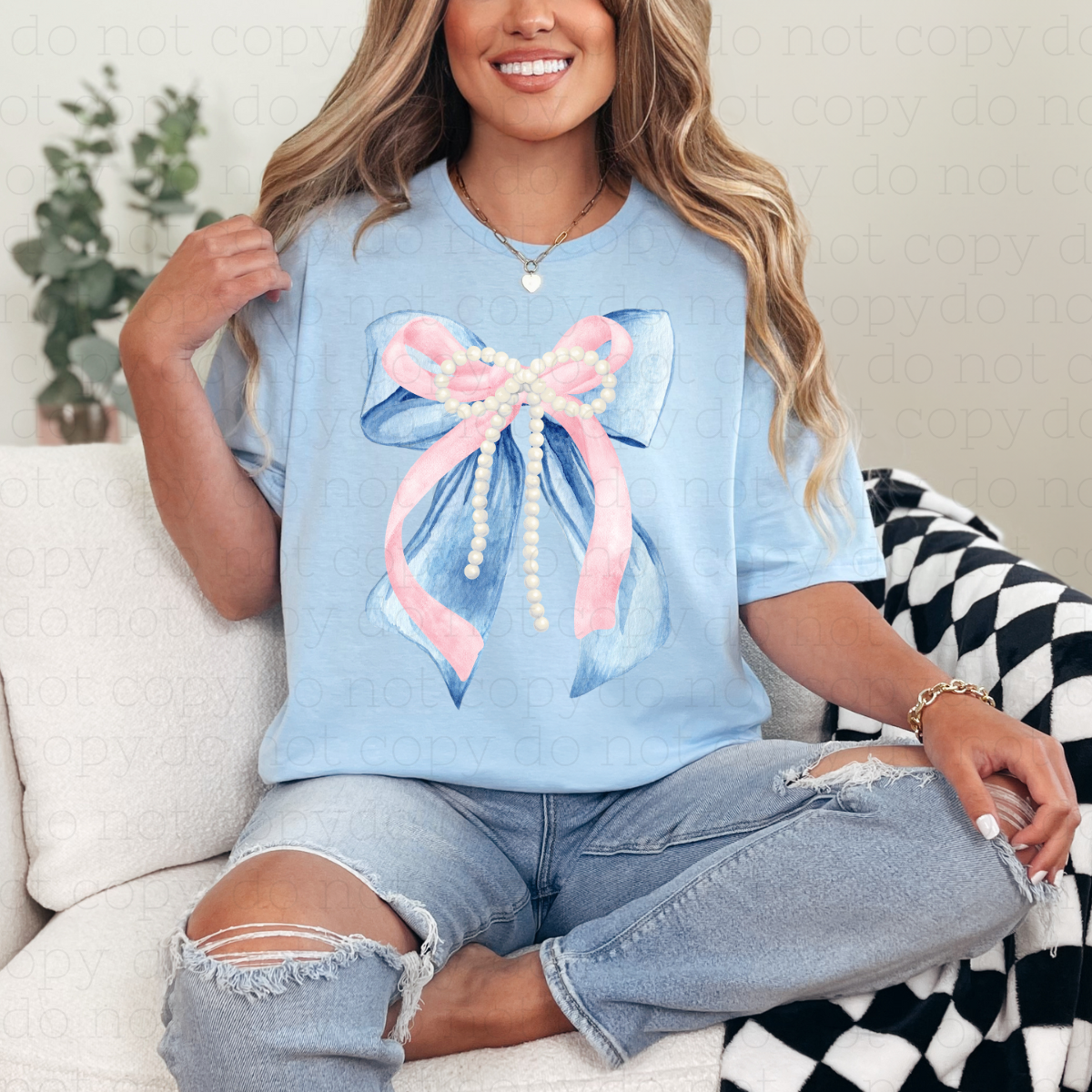 COQUETTE PINK + BLUE PEARL BOW - DTF TRANSFER