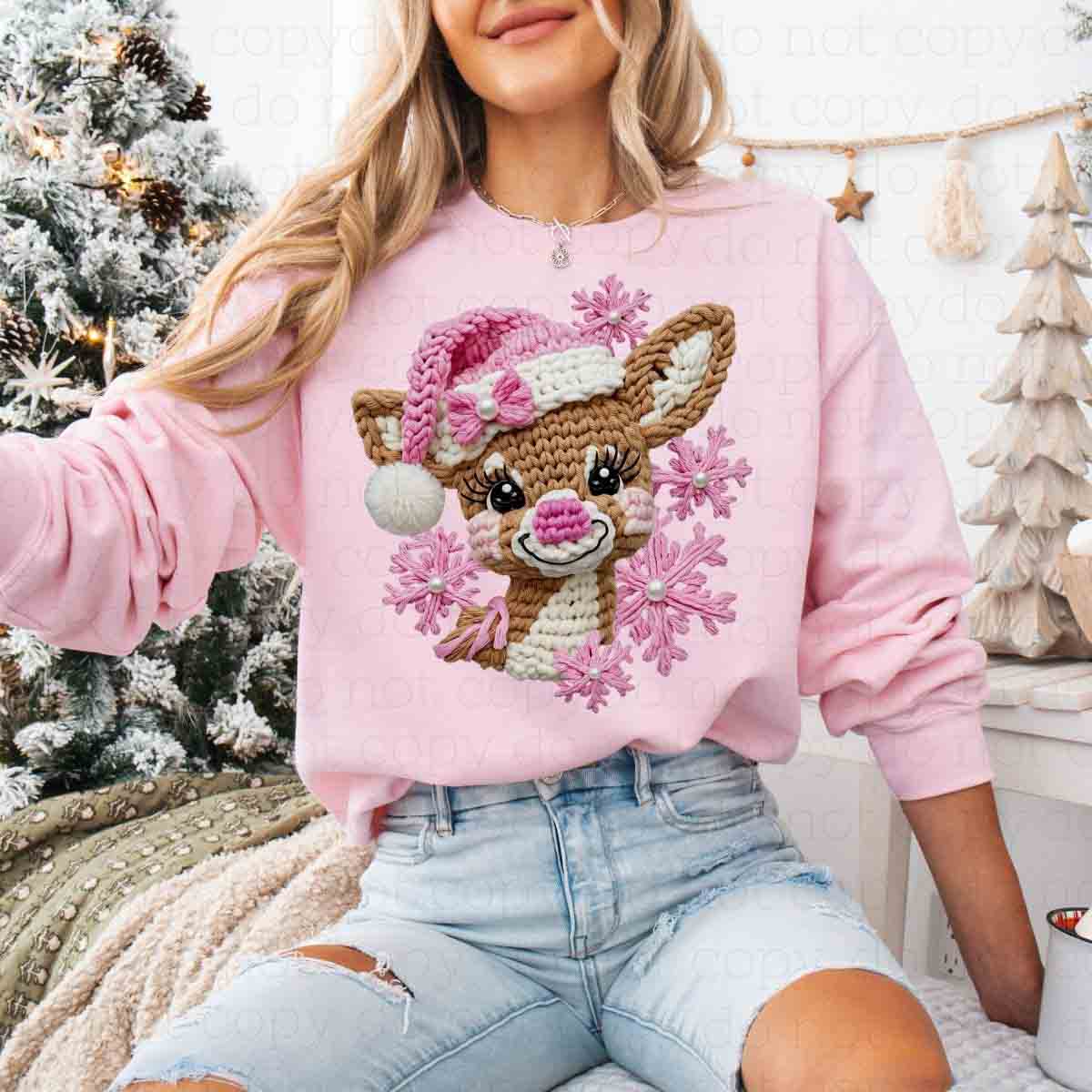 COQUETTE PINK REINDEER *FAUX YARN/FAUX PEARLS* - DTF TRANSFER