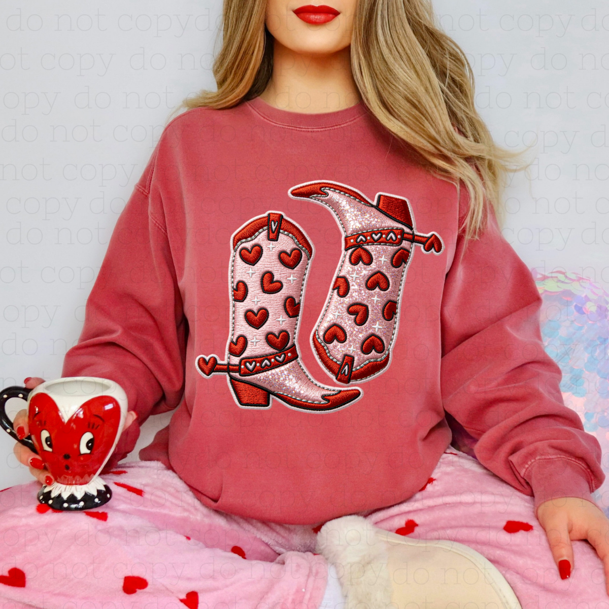 VALENTINES DAY COWGIRL BOOTS - FAUX EMBROIDERY + FAUX GLITTER - DTF TRANSFER