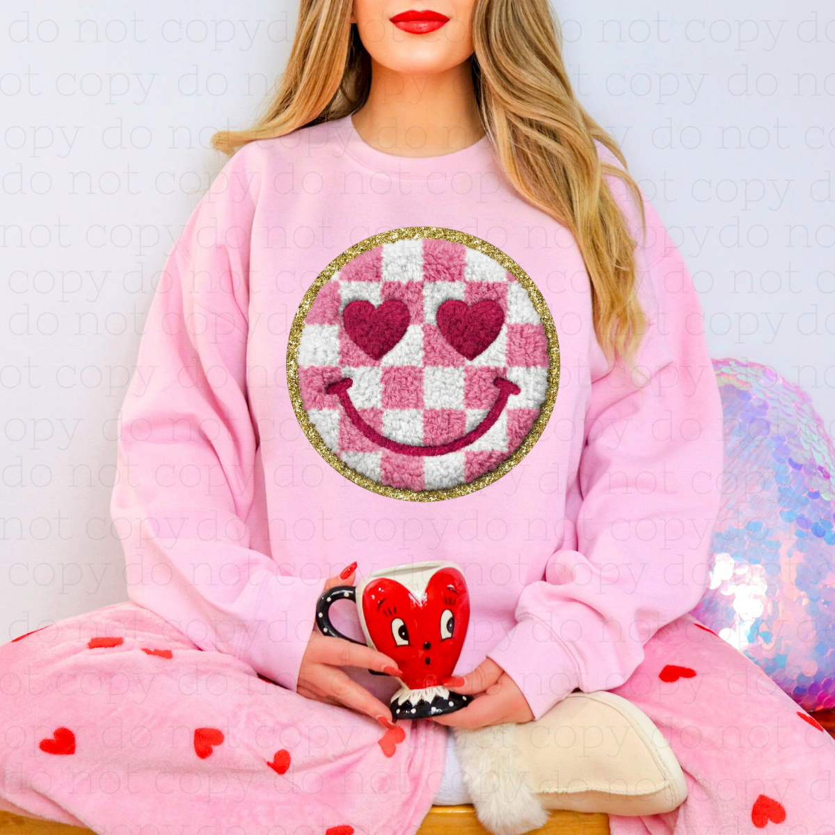 CHECKERED HEART EYE SMILEY - FAUX GLITTER - DTF TRANSFER