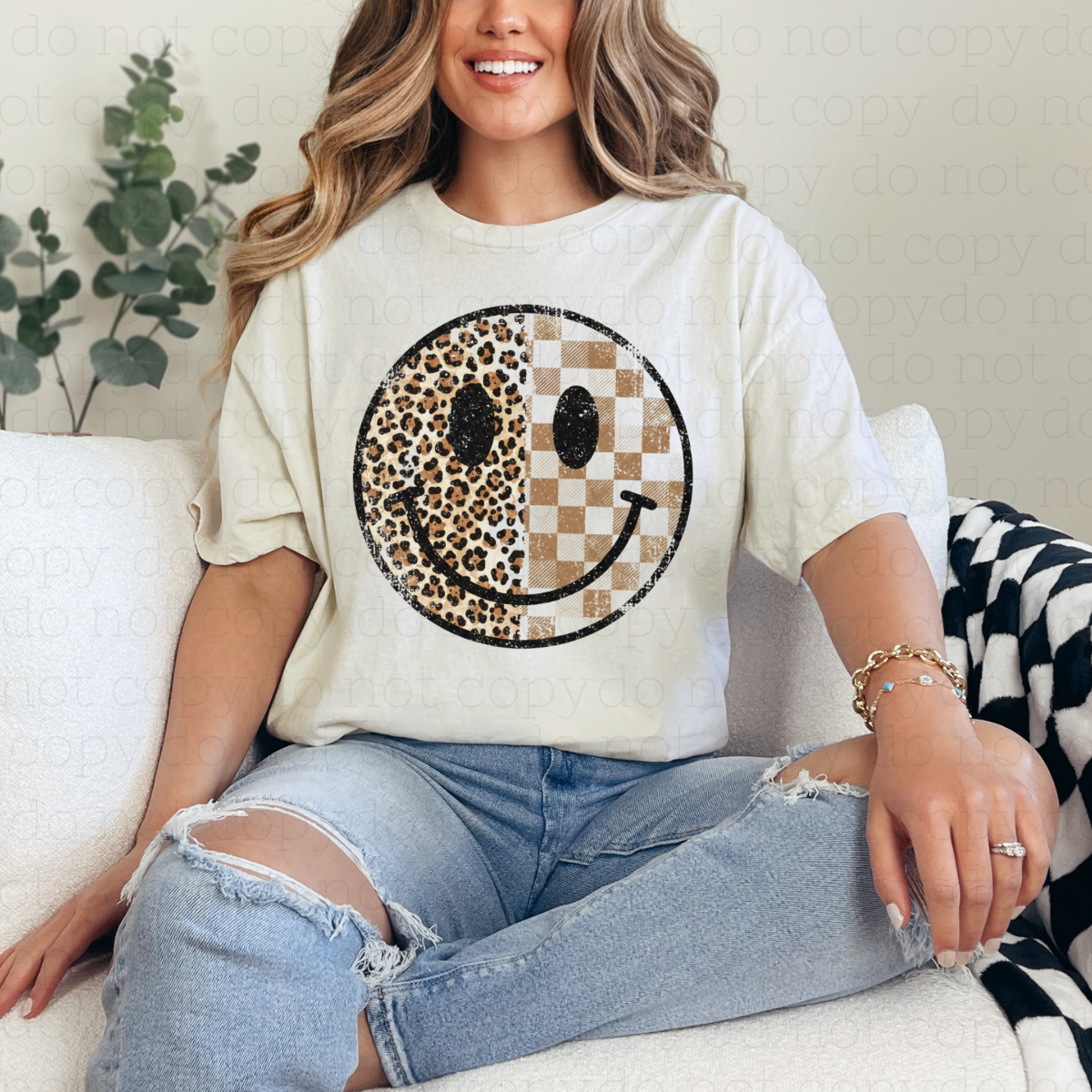 HALF LEOPARD HALF CHECKERED SMILEY FACE - DTF TRANSFER