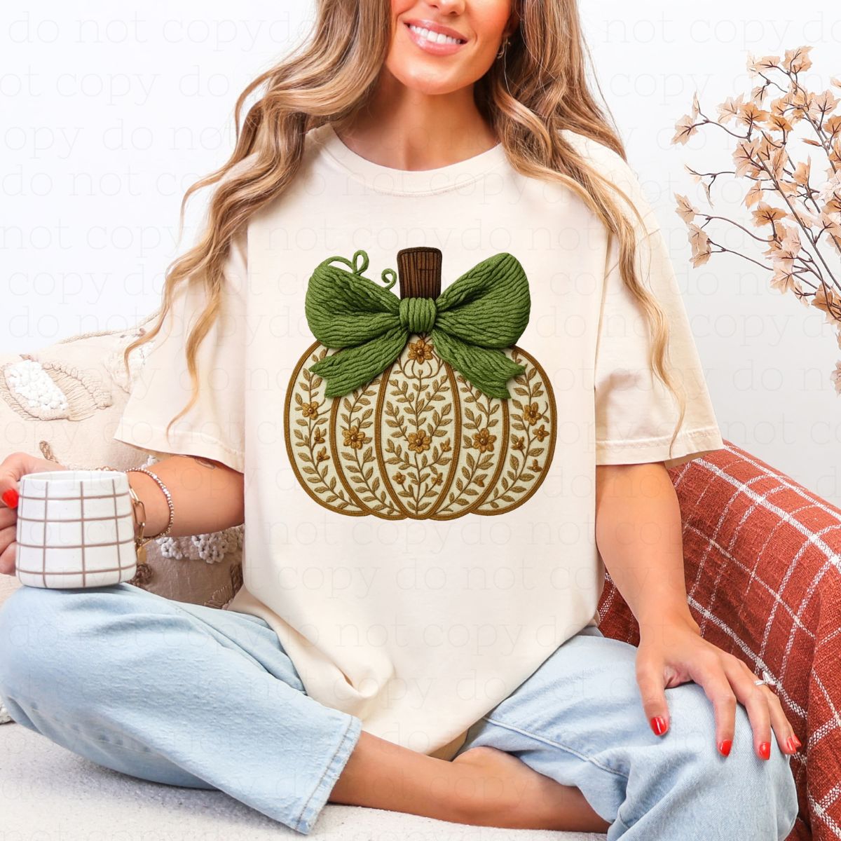 COQUETTE GREEN BOW FLORAL PUMPKIN *FAUX YARN* - DTF TRANSFER