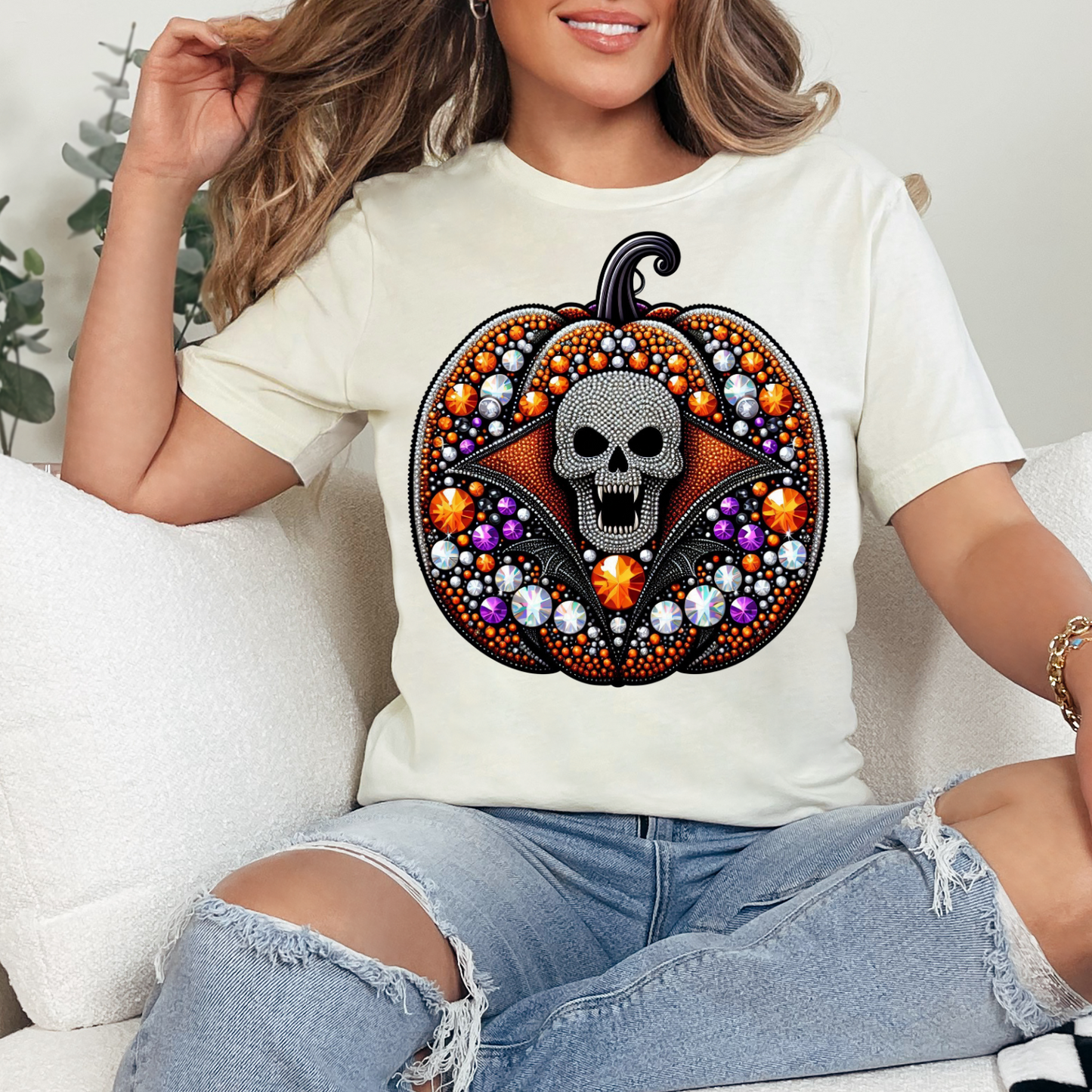 FAUX SEQUIN PUMPKIN WITH VAMPIRE - DTF TRANSFER