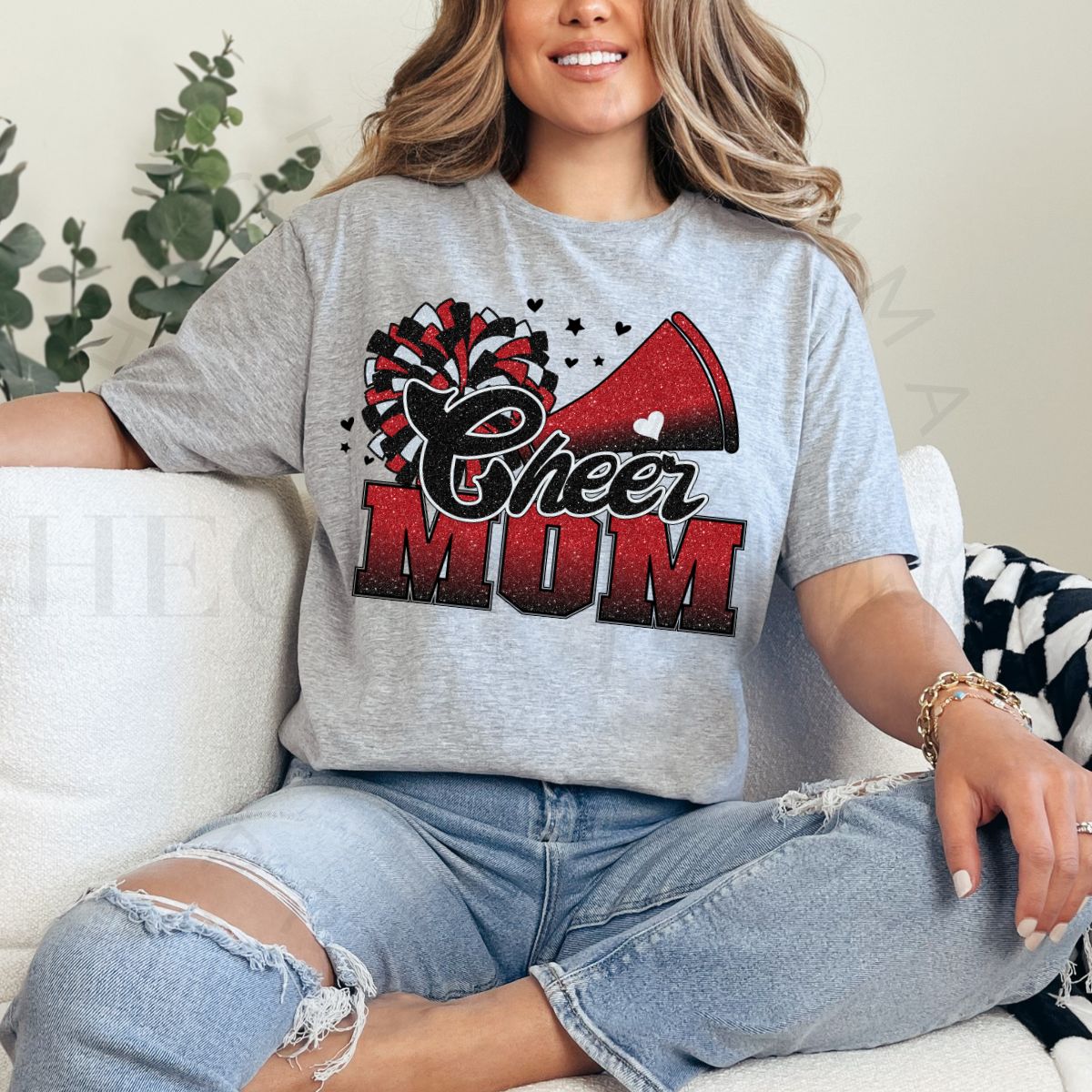 CHEER MOM *FAUX GLITTER - BLACK/MAROON* - DTF TRANSFER