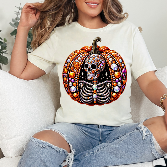 FAUX SEQUIN PUMPKIN WITH SKELETON - DTF TRANSFER