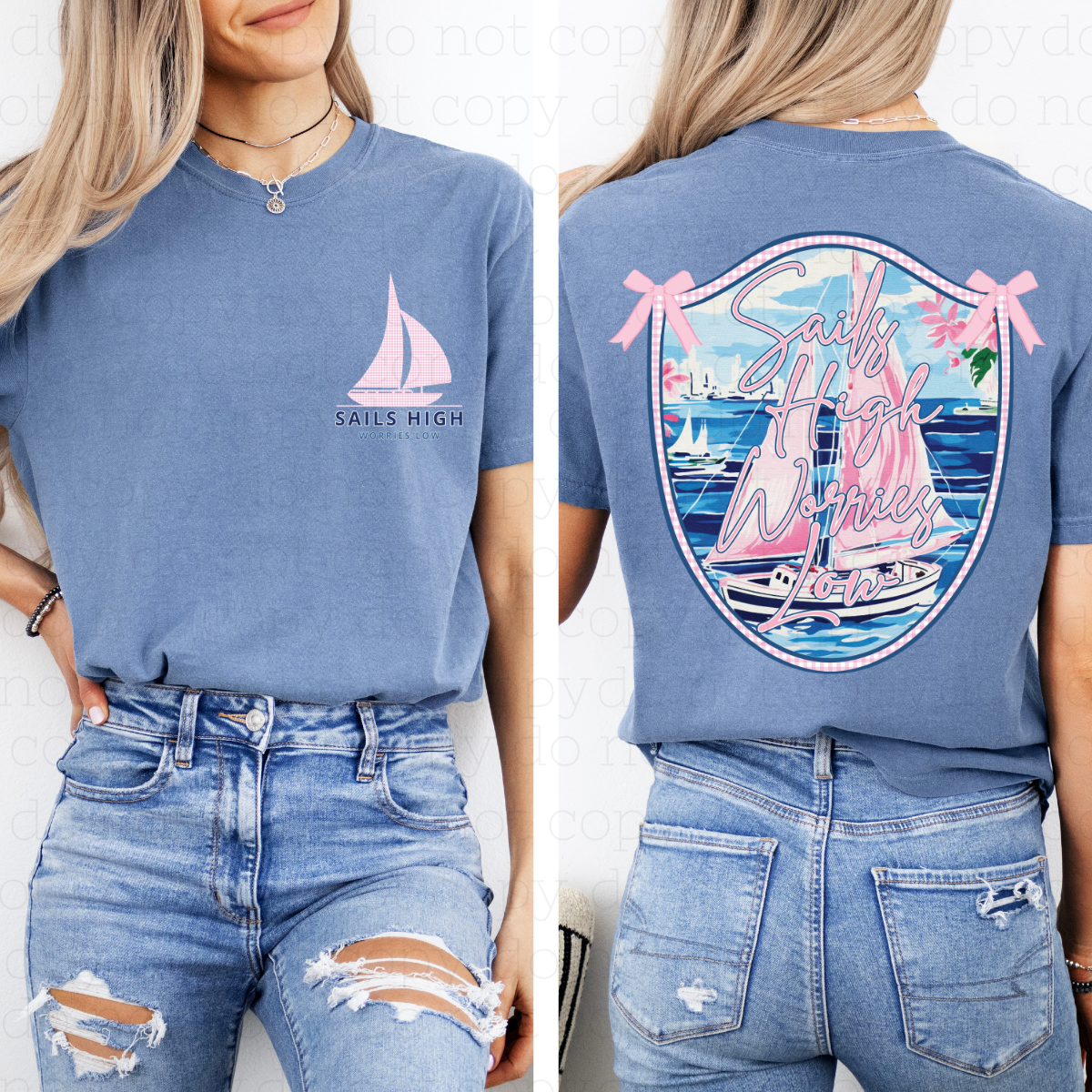 COQUETTE SAIL HIGH WORRIES LOW - FRONT+BACK - DTF TRANSFER - Hectic Momma Printing