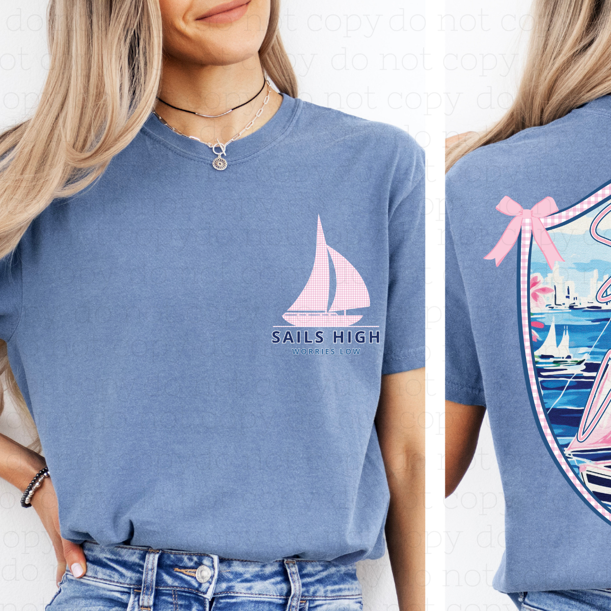 COQUETTE SAIL HIGH WORRIES LOW - FRONT+BACK - DTF TRANSFER - Hectic Momma Printing