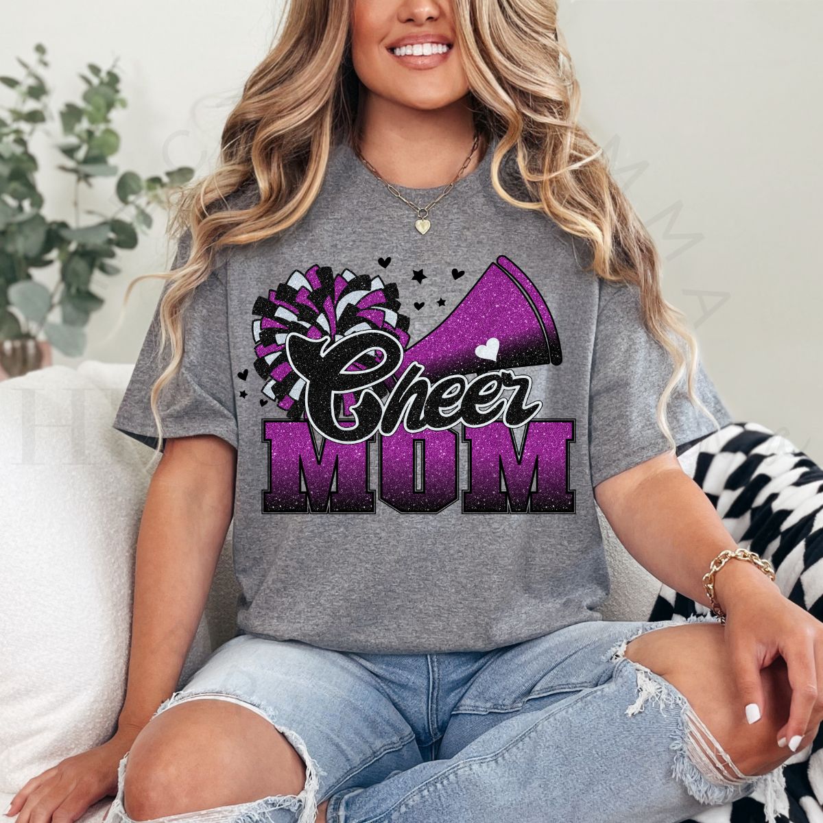 CHEER MOM *FAUX GLITTER - BLACK/PURPLE* - DTF TRANSFER