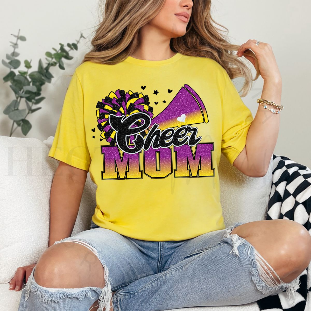 CHEER MOM *FAUX GLITTER - YELLOW/PURPLE* - DTF TRANSFER