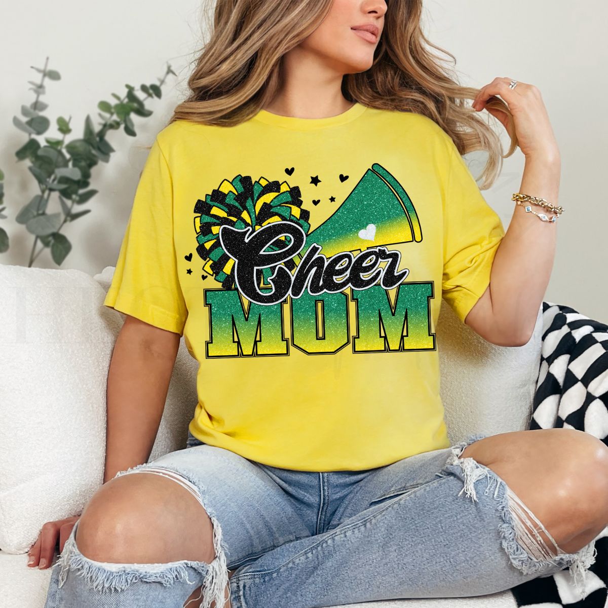 CHEER MOM *FAUX GLITTER - GREEN/YELLOW* - DTF TRANSFER