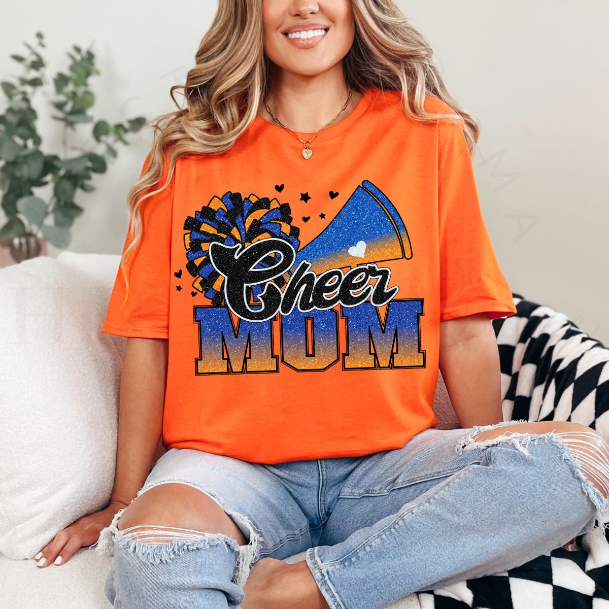 CHEER MOM *FAUX GLITTER - ORANGE/BLUE* - DTF TRANSFER