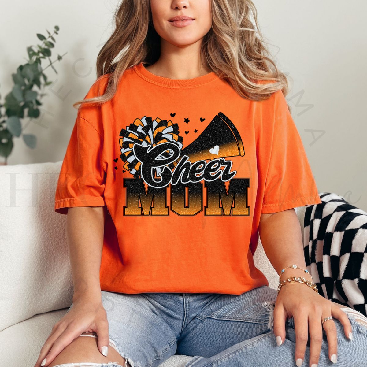 CHEER MOM *FAUX GLITTER - ORANGE/BLACK* - DTF TRANSFER
