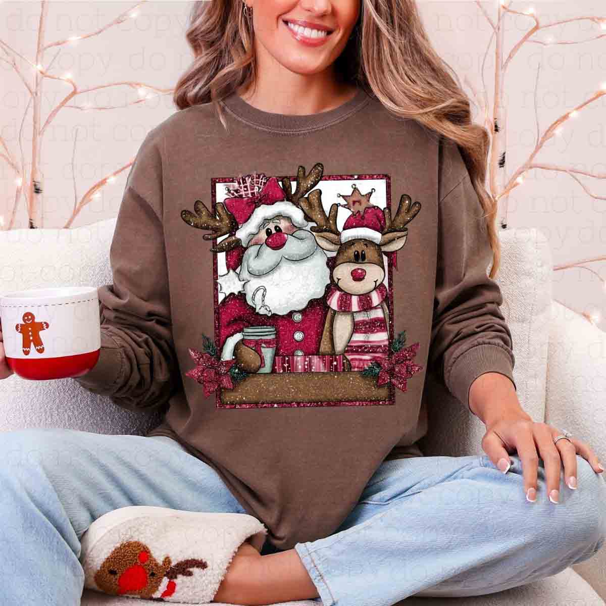 SANTA AND REINDEER FRAME *FAUX GLITTER* - DTF TRANSFER