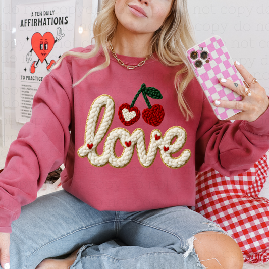 LOVE WITH CHERRY HEARTS - FAUX YARN - DTF TRANSFER