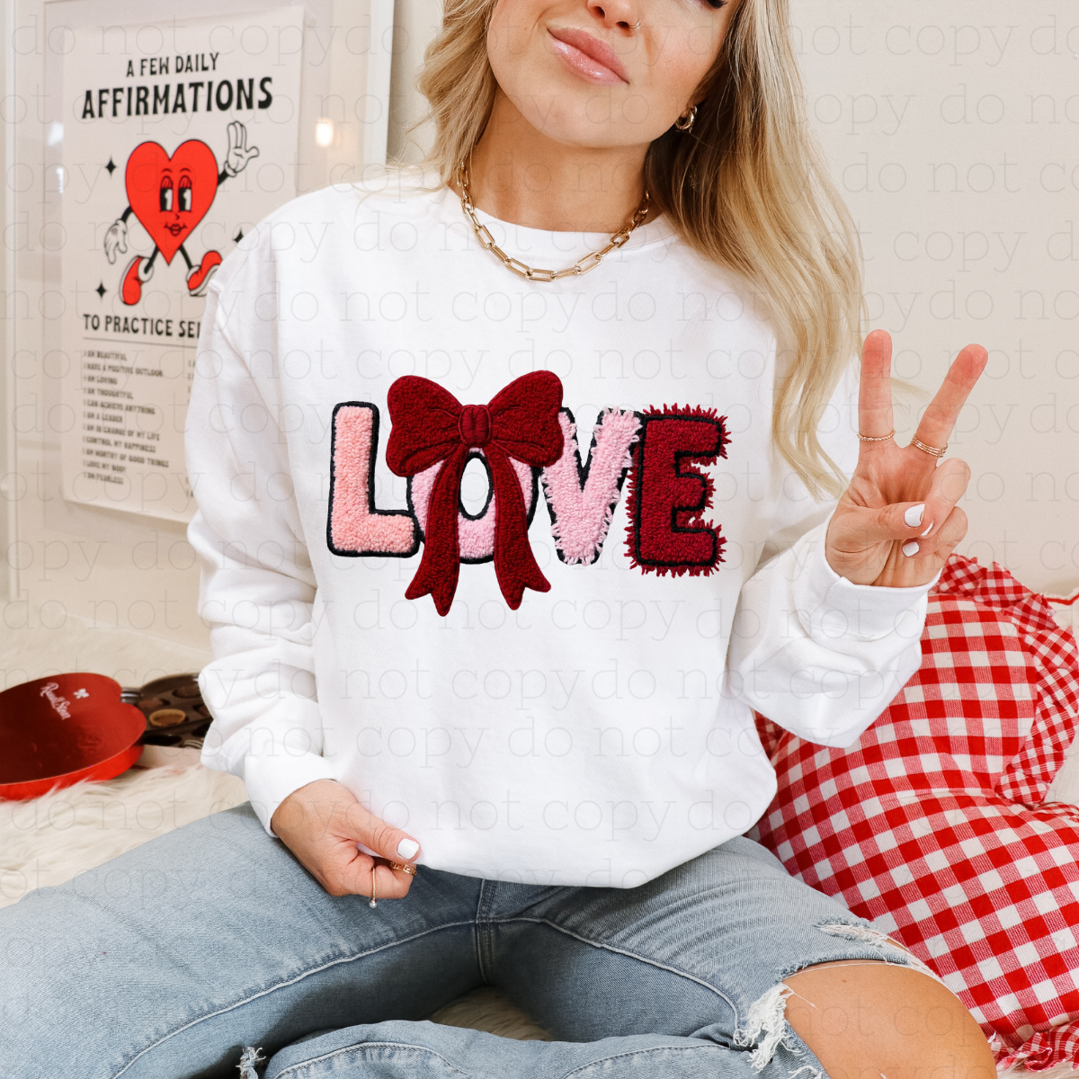 COQUETTE LOVE WITH BIG RED BOW - FAUX YARN - DTF TRANSFER