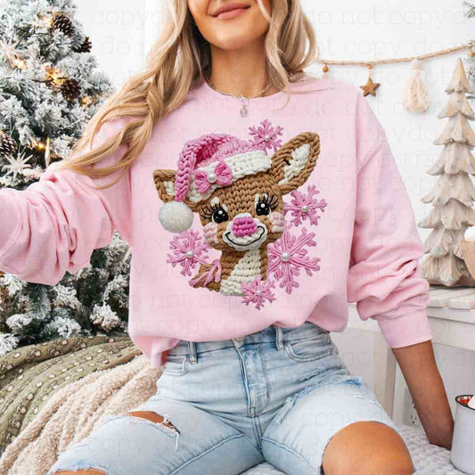 COQUETTE PINK REINDEER *FAUX YARN/FAUX PEARLS* - DTF TRANSFER