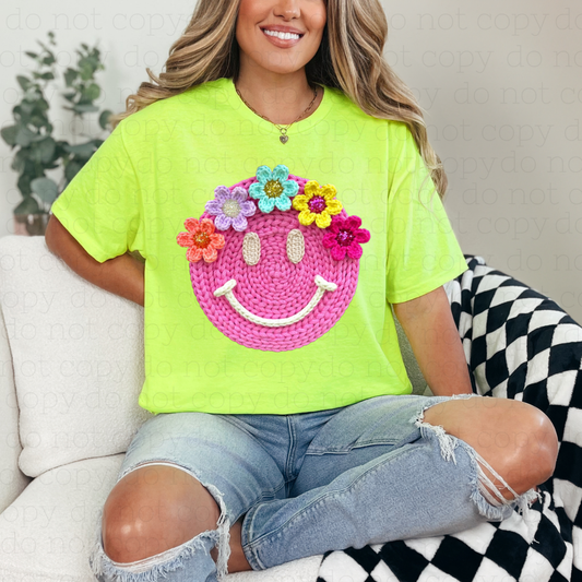 FLORAL SMILEY FACE - FAUX YARN - DTF TRANSFER - Hectic Momma Printing