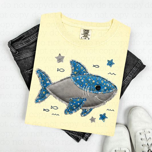 PATCHWORK SHARK - FAUX YARN - DTF TRANSFER - Hectic Momma Printing