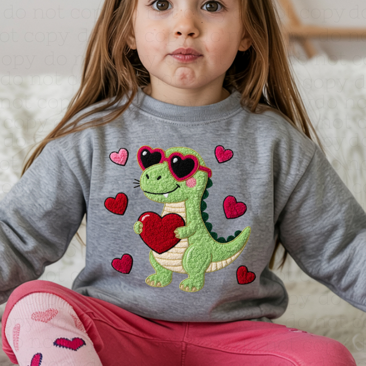 VALENTINES DAY DINO - FAUX EMBROIDERY - DTF TRANSFER