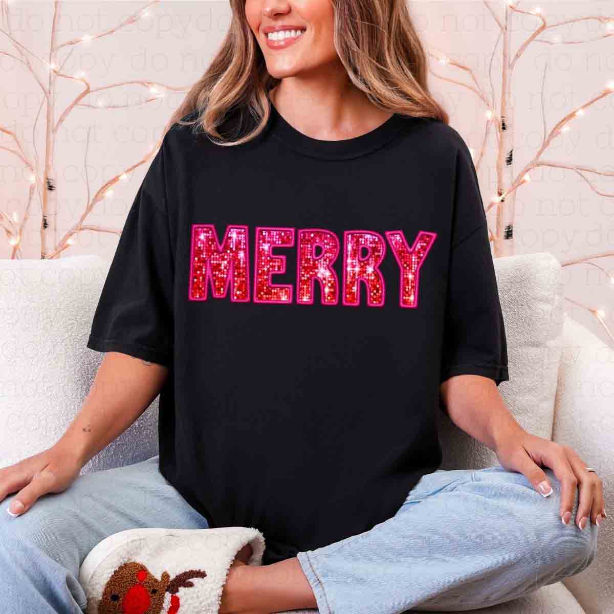 MERRY *FAUX GLITTER/FAUX EMBROIDERY* - DTF TRANSFER