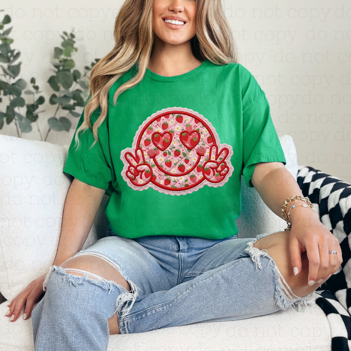 STRAWBERRY PATCHWORK SMILEY FACE - DTF TRANSFER - Hectic Momma Printing