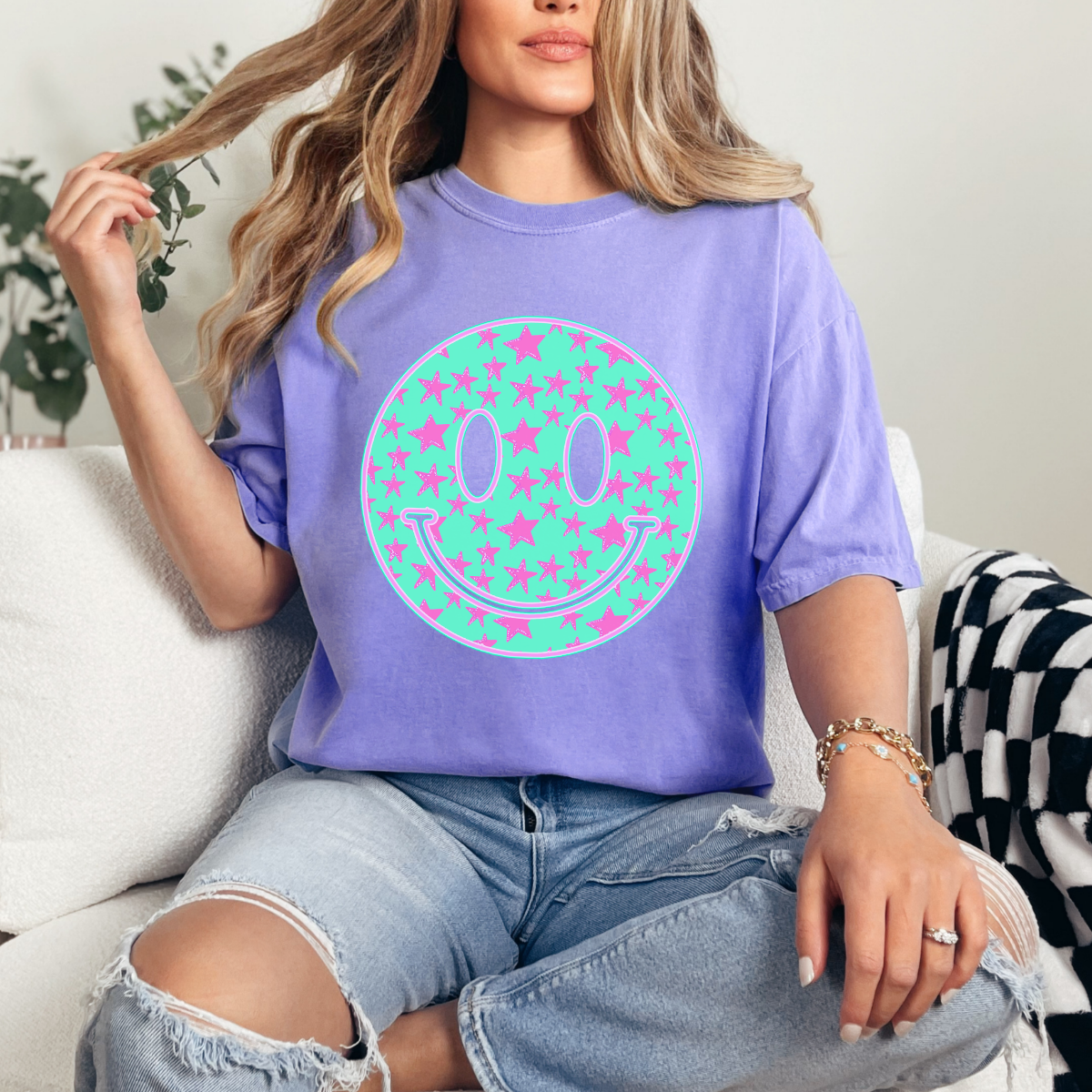 BRIGHT PINK STARS SMILEY FACE - DTF TRANSFER - Hectic Momma Printing