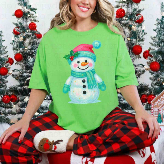 GREEN AND PINK PAINTED SNOWMAN - DTF TRANSFER