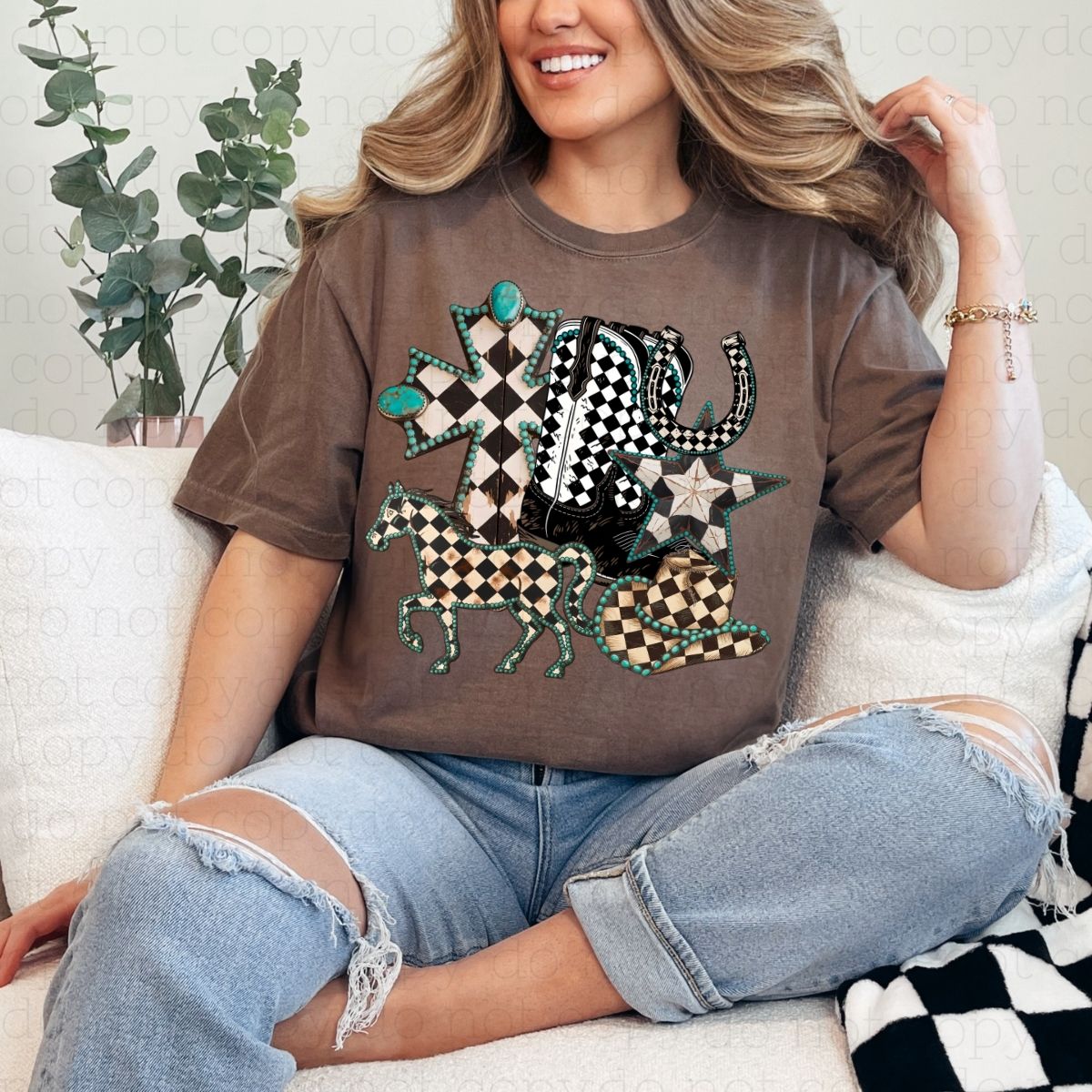 WESTERN TURQUOISE CHECKERED DOODLE - DTF TRANSFER