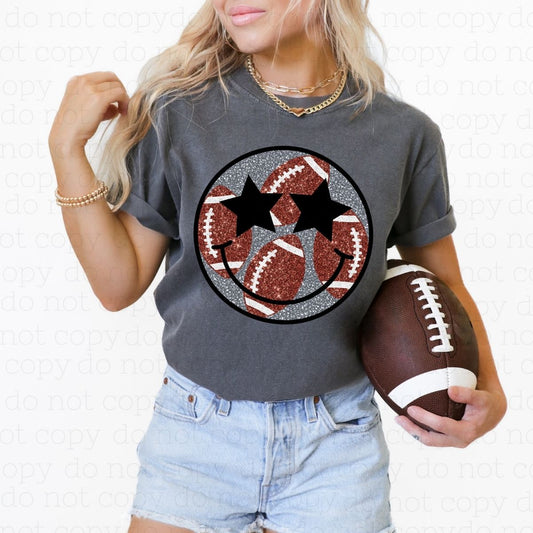 FOOTBALL SMILEY FACE *FAUX GLITTER* - DTF TRANSFER