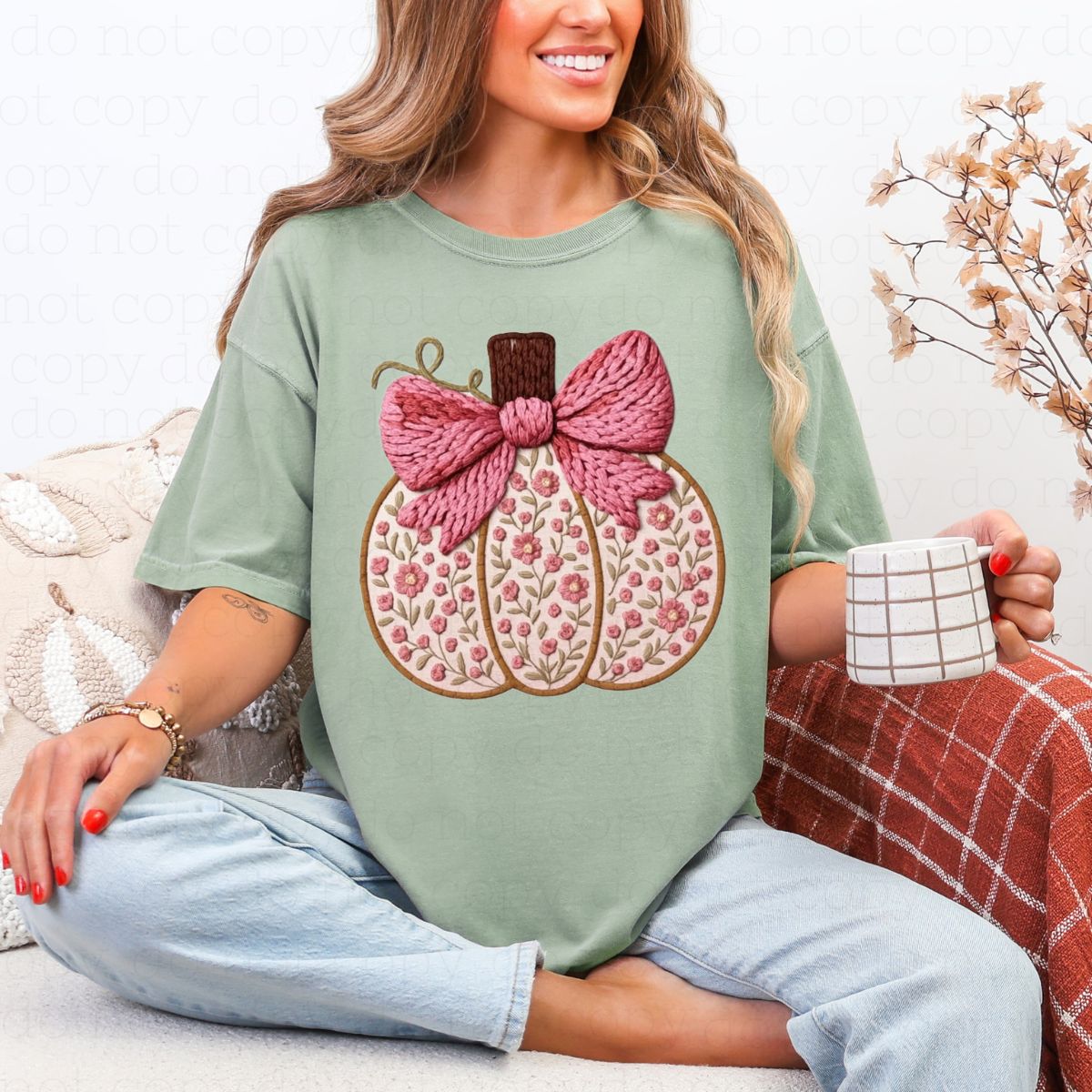 COQUETTE PINK BOW FLORAL PUMPKIN *FAUX YARN* - DTF TRANSFER