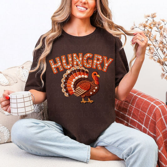 HUNGRY *FAUX EMBROIDERY/FAUX RHINESTONES/PEARLS* - DTF TRANSFER