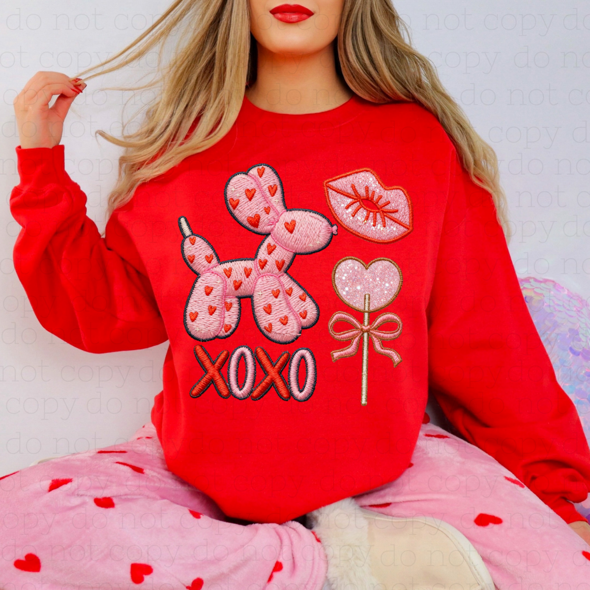 COQUETTE VALENTINES DAY DOODLE - FAUX EMBROIDERY + FAUX GLITTER - DTF TRANSFER