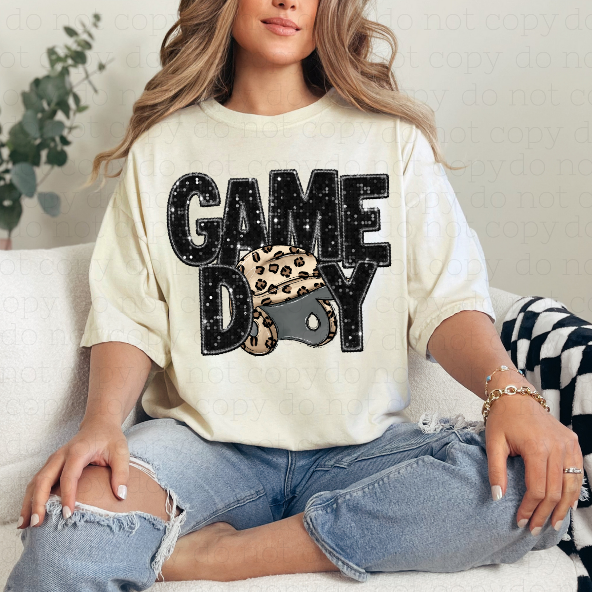 GAME DAY WITH ANIMAL PRINT HELMET - FAUX EMBROIDERY + FAUX SEQUIN - DTF TRANSFER - Hectic Momma Printing