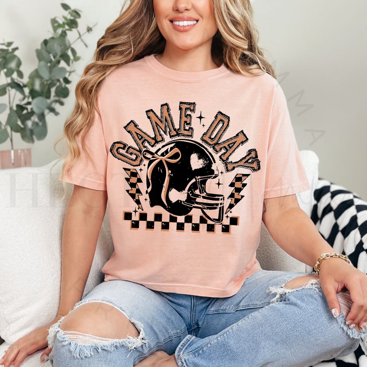 COQUETTE GAME DAY *PEACH/BLACK-BLACK OUTLINE* - DTF TRANSFER