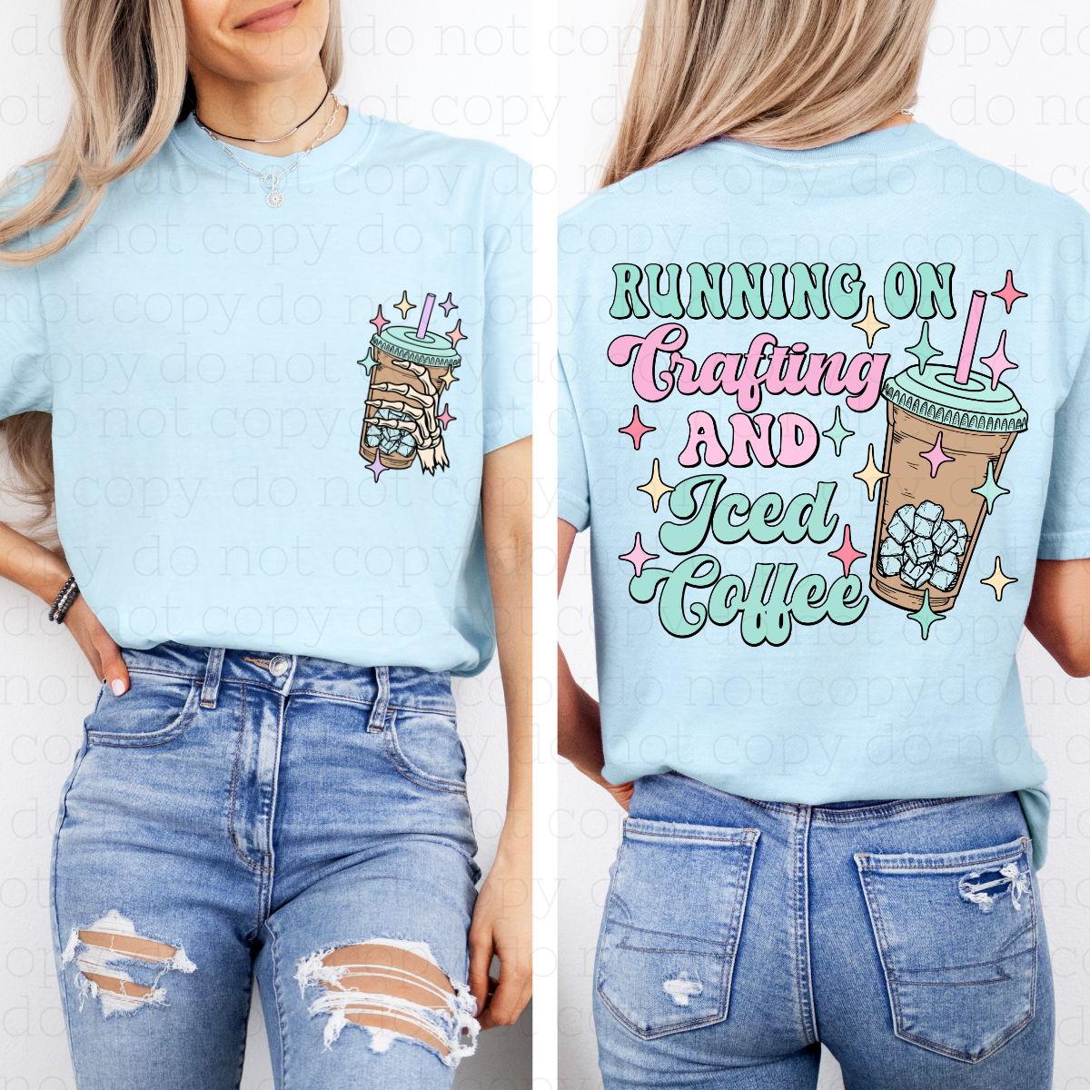 RUNNING ON CRAFTING & ICED COFFEE - FRONT+BACK - DTF TRANSFER - Hectic Momma Printing
