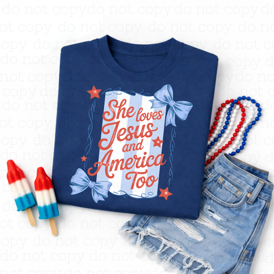 COQUETTE SHE LOVES JESUS AND AMERICA TOO - DTF TRANSFER - Hectic Momma Printing