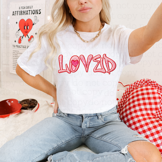 LOVED - FAUX EMBROIDERY + FAUX GLITTER - DTF TRANSFER