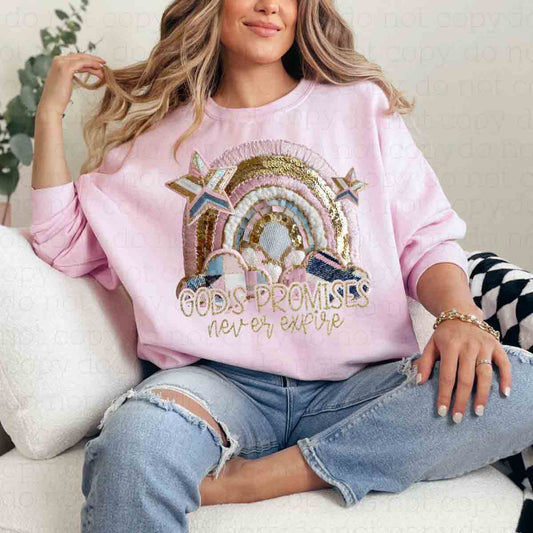 GOD'S PROMISES NEVER EXPIRE *FAUX YARN/FAUX SEQUIN* - DTF TRANSFER