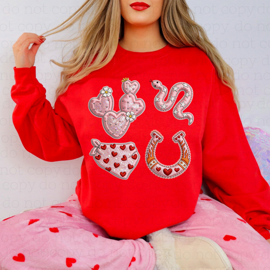 WESTERN VALENTINES DAY DOODLE - FAUX EMBROIDERY + FAUX GLITTER - DTF TRANSFER