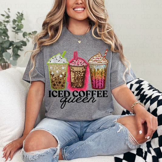 ICED COFFEE QUEEN *FAUX EMBROIDERY/FAUX SEQUIN* - DTF TRANSFER