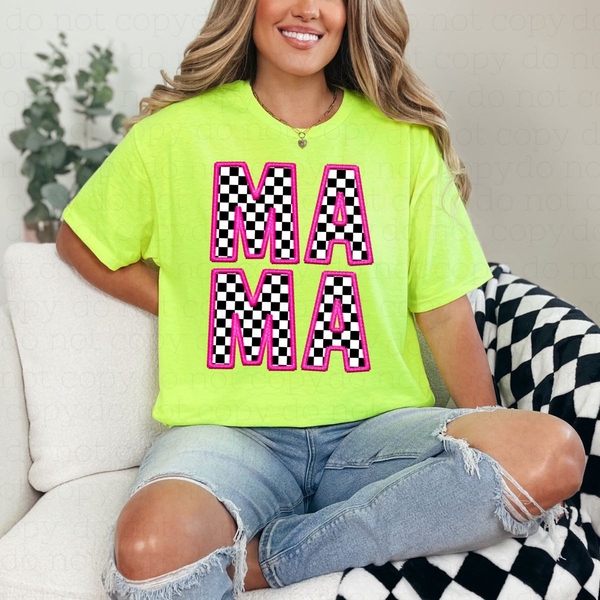 PINK CHECKERED MAMA *FAUX EMBROIDERY* - DTF TRANSFER
